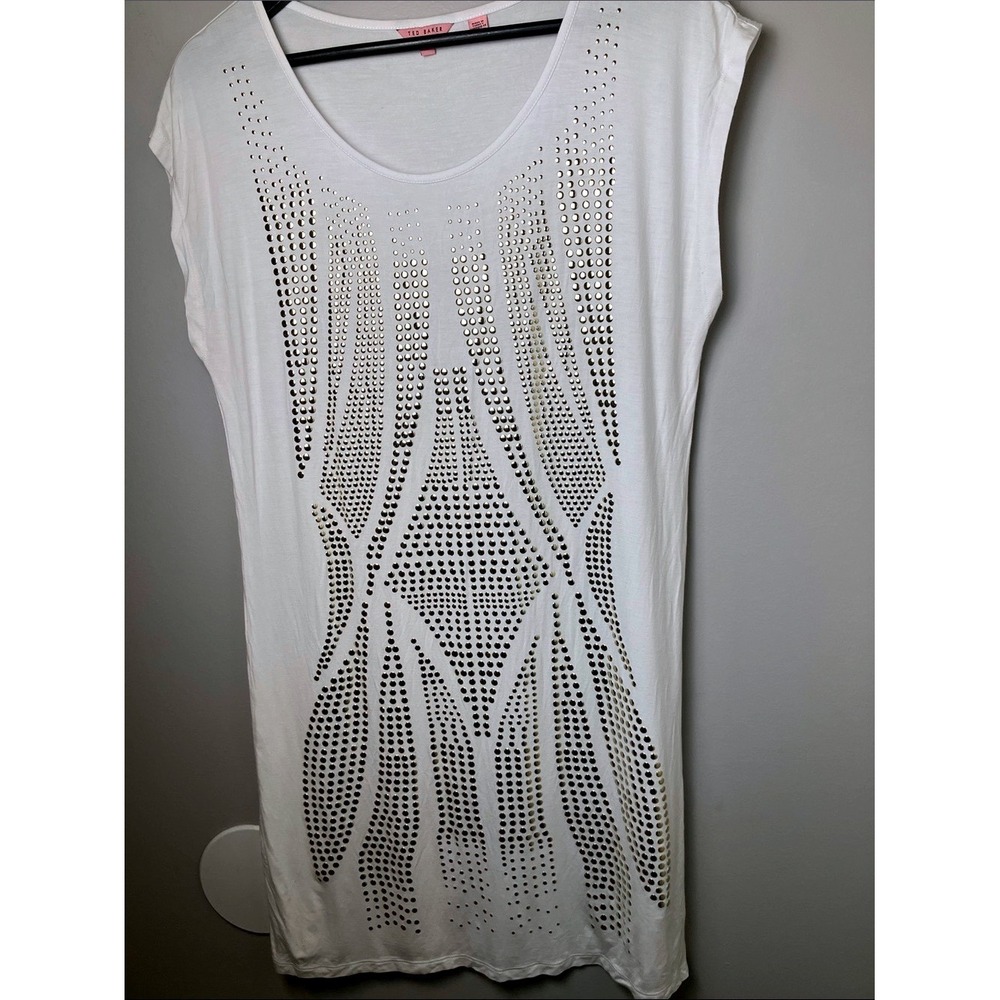 Ted Baker White Scoop Neck Tunic/ Dress Gold Stud Detailing Size 3 (US 8)
